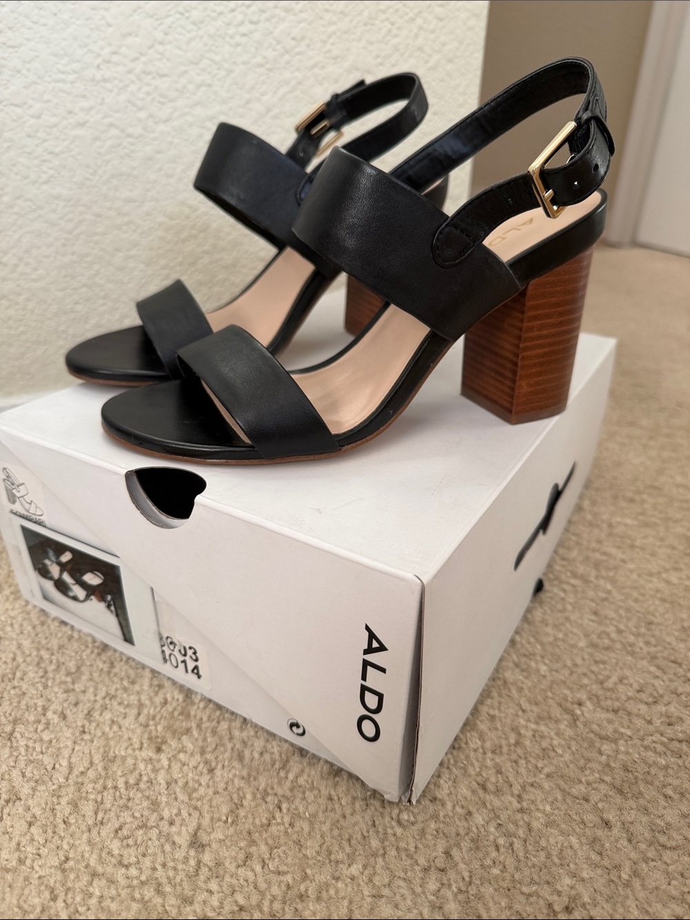 Aldo Black Leather Block Heel Sandals with Wood-Tone Heel